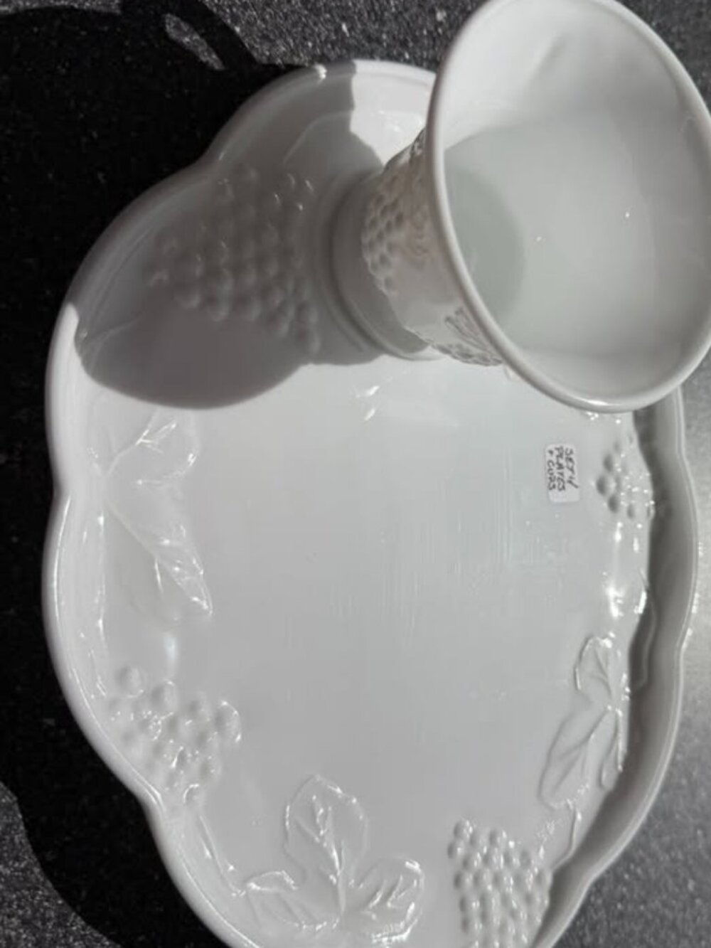 Vintage White Milk Glass Snack Set – 4 Cups & 4 Grape Pattern Plates - Picture 5 of 8